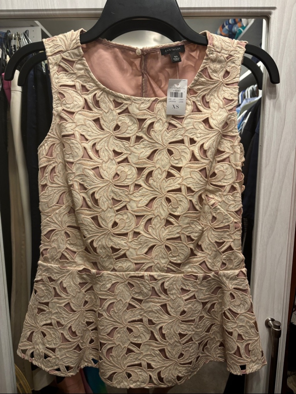Ann Taylor Ivory Lace Peplum Top with Blush Lining